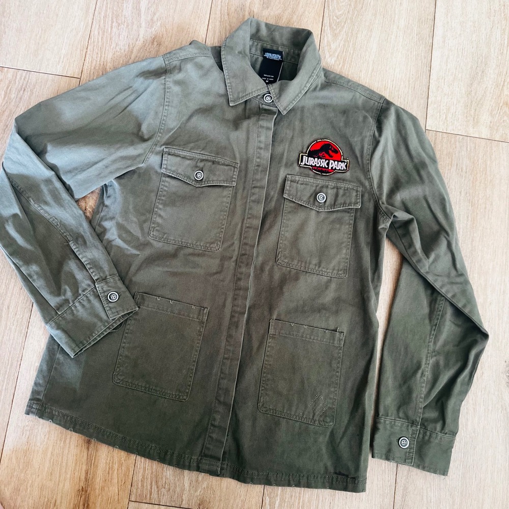 Jurassic World Womens Utility Jacket Olive Green Distressed Claw Marks Size M